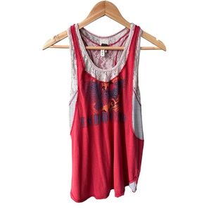 Free People Women's Red Indonesia Graphic Lace Trim Tank Top